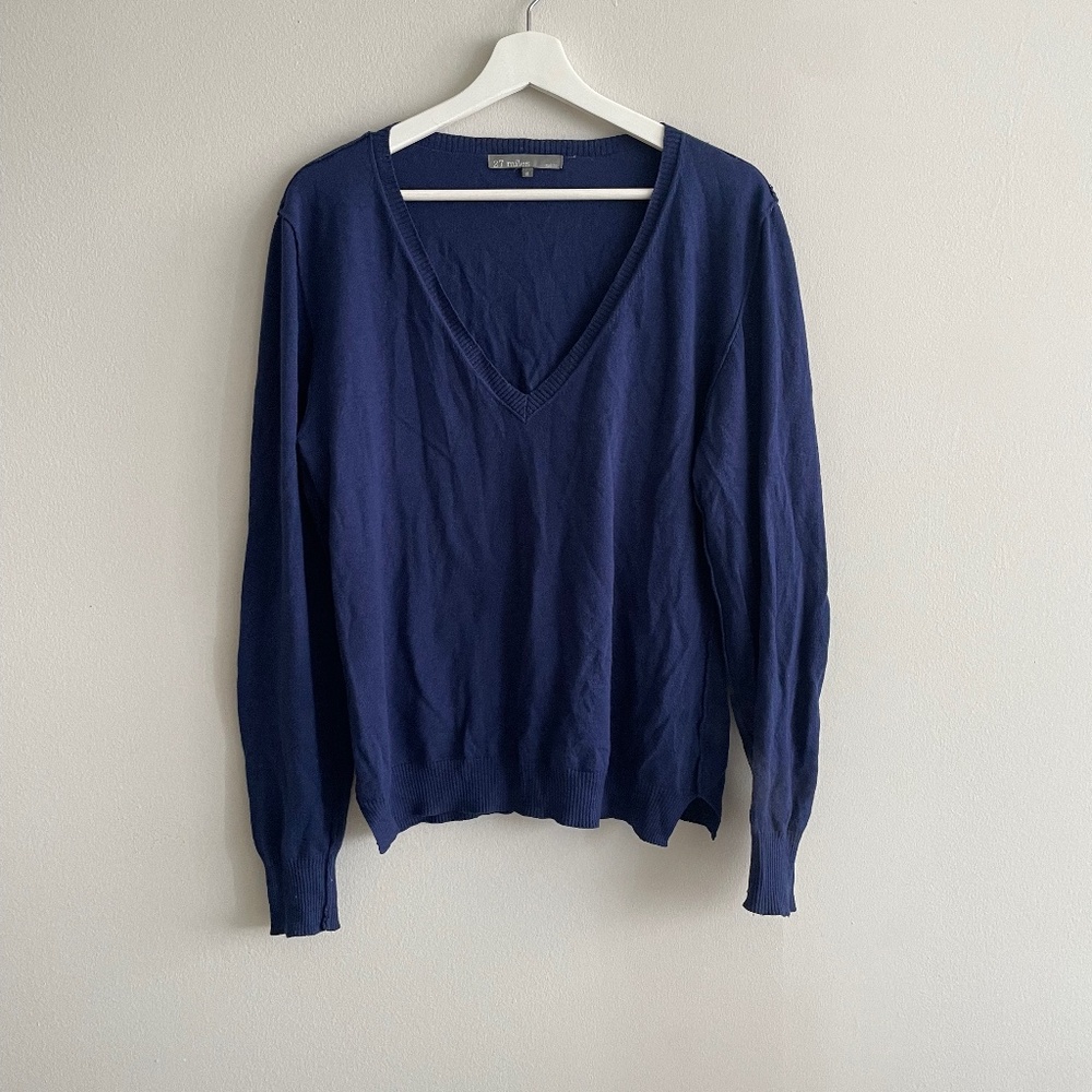 27 Miles Malibu Navy V-Neck Sweater cashmere wool cotton genuine leather M